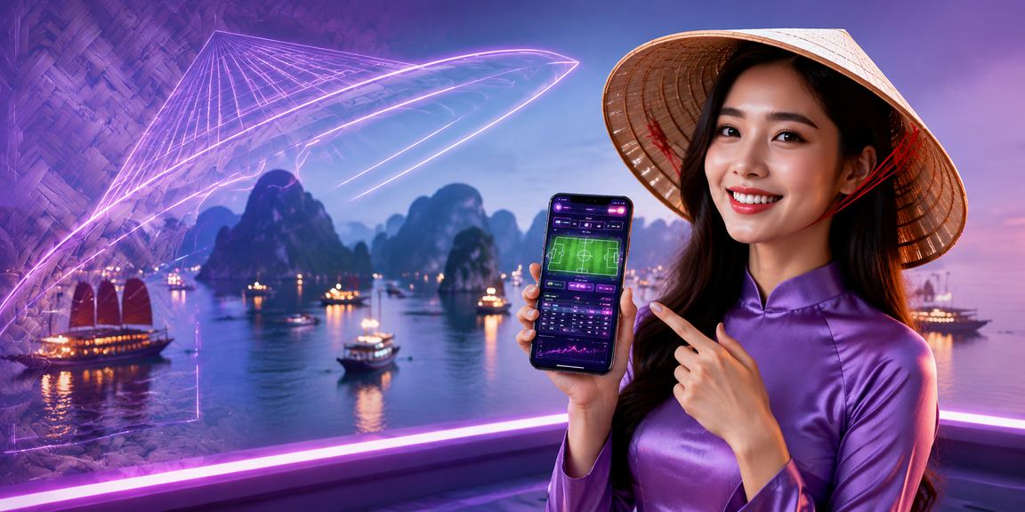Người chơi cá cược trực tuyến trên điện thoại tại Vịnh Hạ Long với nón lá truyền thống